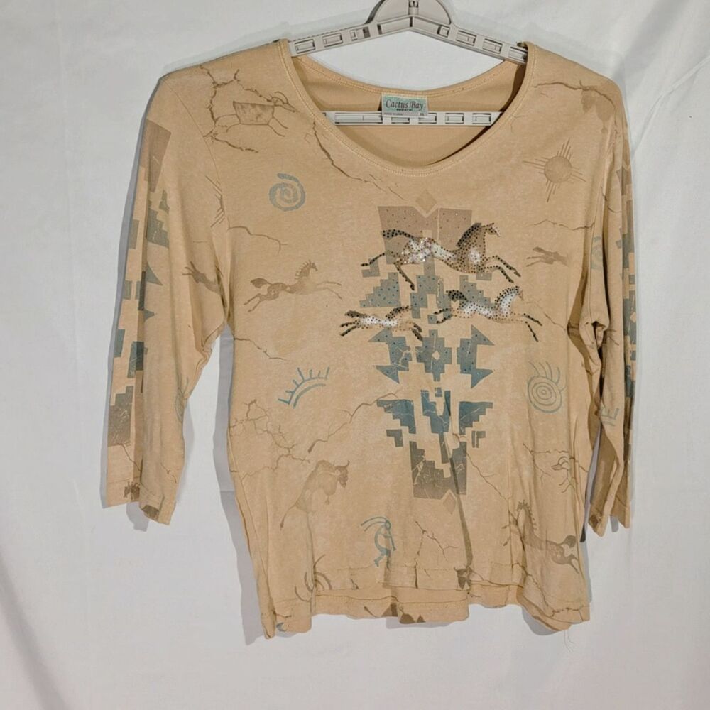 Cactus Bay Southwest Running Wild Horses Graphic Top in Tan / Beige XL